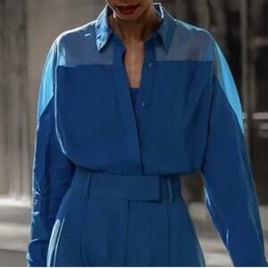 The Drop Blue Sapphire Shirt Long Sleeve Organza Yoke button up oversized blouse